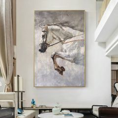 纯手绘油画新中式动物马装饰画玄关竖版挂画书房办公室壁画黑白风 拉丝经典金 50*70cm