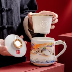 过滤带盖会议玉瓷杯杯茶杯办公中式陶瓷描金喝茶主人杯泡茶羊脂